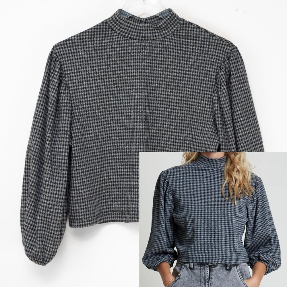 Native Youth Khloe Top Mock Neck Balloon Sleeve Houndstooth Charcoal Grey Medium